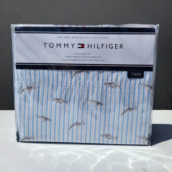 NEW TOMMY HILFIGER Sheets Sheet Set Shark Striped TWIN Size Blue White Pillowcas - Picture 1 of 11